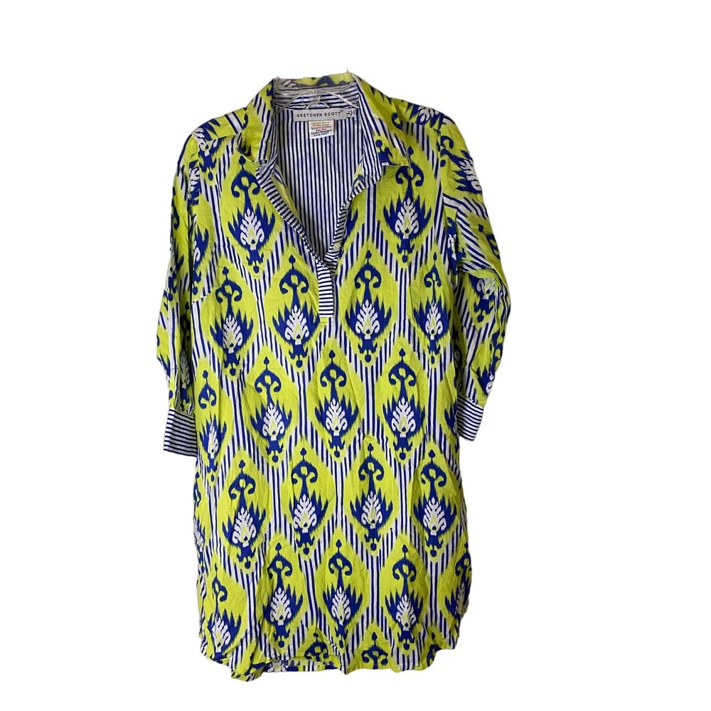 Gretchen Scott‎ • Batik Aztec Bright Blue Green White Tunic Shirt Dress, large